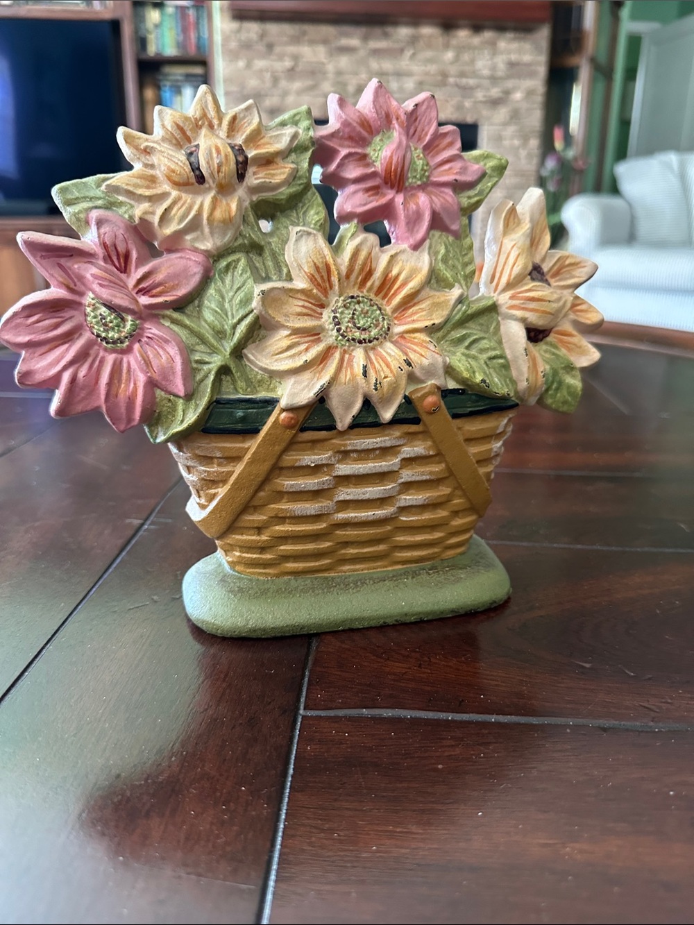 Decorative Flower Basket Doorstop. Painted cast iron - Pink, Yellow & Green,